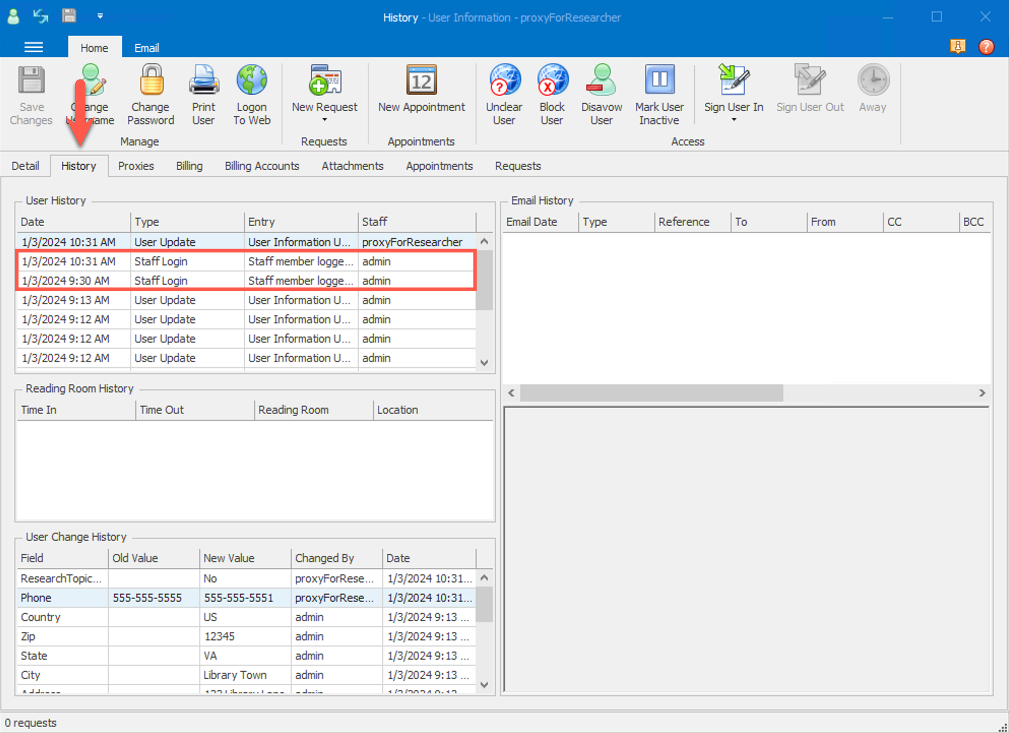 User History grid on User Information form